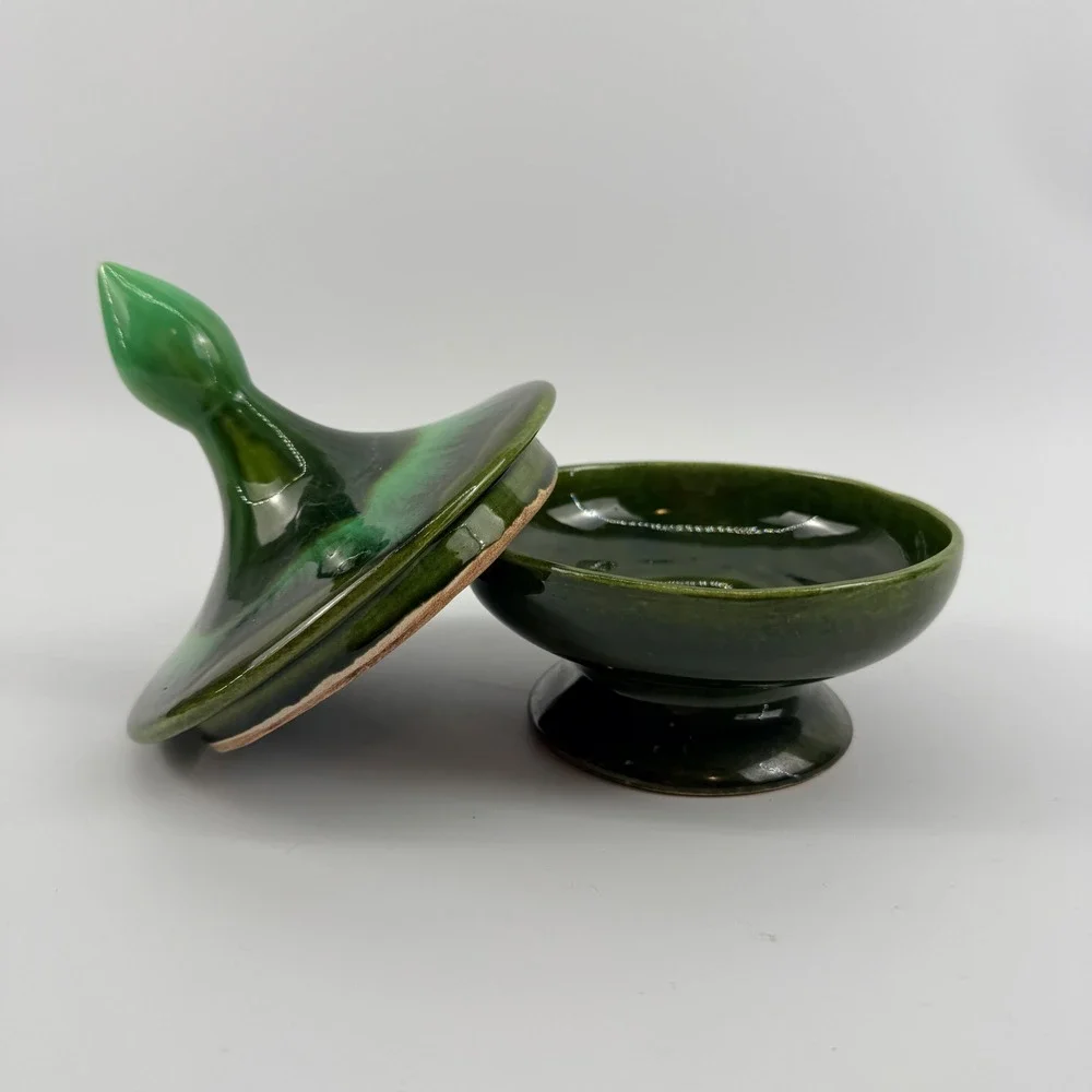 DeForest of California Green Drip Glaze Covered Pedestal Candy Dish w Lid